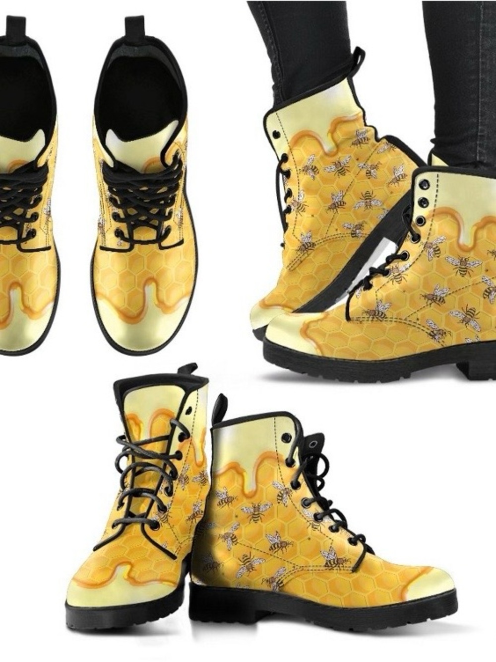 Honey Bee Vegan Leather Combat Boots:Bohemian Cowgirl Style Size 10 - Picture 2 of 10